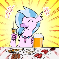 Size: 800x800 | Tagged: safe, artist:kushina13, silverstream, hippogriff, alcohol, beer, eating, eyes closed, female, food, kebab, meat, mug, steak