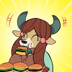 Size: 800x800 | Tagged: safe, artist:kushina13, yona, yak, burger, cloven hooves, cute, eating, eyes closed, female, food, hamburger, solo, yonadorable