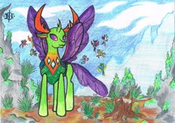 Size: 1657x1162 | Tagged: safe, artist:assertiveshypony, ocellus, pharynx, thorax, changedling, changeling, changedling brothers, drawing, king thorax, prince pharynx, solo focus, traditional art, wings