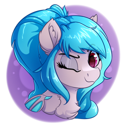 Size: 4000x4000 | Tagged: source needed, safe, artist:witchtaunter, oc, bat pony, pony, bat pony oc, bust, commission, one eye closed, ponytail, portrait, solo, wink, winking at you