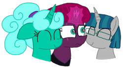 Size: 1475x813 | Tagged: safe, alternate version, artist:徐詩珮, fizzlepop berrytwist, glitter drops, stygian, tempest shadow, pony, unicorn, alternate hairstyle, bisexual, broken horn, female, glasses, glittergian, glittershadow, glittershadowgian, horn, lesbian, male, mare, nuzzling, polyamory, shipping, simple background, straight, tempgian, transparent background