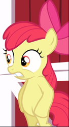 Size: 512x939 | Tagged: safe, screencap, apple bloom, earth pony, pony, hearts and hooves day (episode), bipedal, bow, cropped, female, filly, hair bow, sneaking, solo