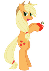 Size: 837x1200 | Tagged: safe, artist:galdyearth, derpibooru import, applejack, earth pony, pony, apple, bipedal, blush sticker, blushing, cute, female, food, jackabetes, mare, open mouth, pixiv, simple background, solo, white background