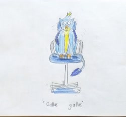 Size: 3247x3016 | Tagged: safe, artist:horsesplease, gallus, derp, gallus the rooster, office chair, solo, spinning, traditional art