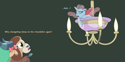 Size: 4800x2400 | Tagged: safe, artist:gd_inuk, ocellus, yona, changedling, changeling, yak, bow, chandelier, concerned, dialogue, duo, green background, hair bow, high res, hoof pointing, lighting, monkey swings, one eye closed, simple background, sleepy, story included, tired, wings