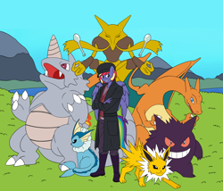 Size: 2500x2144 | Tagged: safe, artist:linedraweer, oc, oc:rainbow lightspeed, anthro, dragon, alakazam, anthro oc, charizard, commission, gengar, hat, jolteon, meditation, mountain, pokémon, pokémon team, rhydon, team, vaporeon, wings