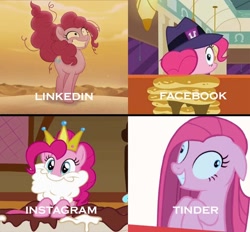 Size: 1170x1086 | Tagged: safe, edit, edited screencap, screencap, pinkie pie, earth pony, pony, my little pony: the movie, party of one, swarm of the century, the saddle row review, dolly parton challenge, facebook, instagram, linkedin, meme, pinkamena diane pie, tinder