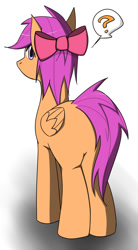 Size: 550x1000 | Tagged: safe, artist:galdyearth, scootaloo, pony, bow, butt, cute, cutealoo, facing away, female, gradient background, hair bow, looking back, pictogram, pixiv, plot, question mark, rear view, solo, speech bubble