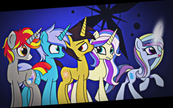 Size: 656x411 | Tagged: safe, artist:galacticflashd, oc, oc:astral gleam, oc:ferrier nice, oc:lucy ticket, oc:moon storm, oc:sky winter, pony, unicorn, female, glowing horn, group, male, mare, stallion