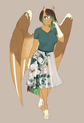 Size: 2161x3164 | Tagged: safe, artist:askbubblelee, oc, oc only, oc:kiwi breeze, anthro, pegasus, unguligrade anthro, anthro oc, arm freckles, clothes, digital art, ear piercing, female, freckles, leg freckles, mare, neck freckles, piercing, simple background, skirt, smiling, solo, wing freckles