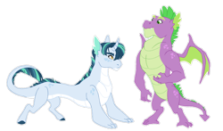 Size: 1024x604 | Tagged: safe, artist:pikokko, spike, oc, oc:malachite, dracony, dragon, hybrid, father and child, female, gigachad spike, interspecies offspring, male, offspring, older, older spike, parent and child, parent:spike, parent:twilight sparkle, parents:twispike, pony dragon hybrid, simple background, transparent background, winged spike