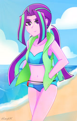 Size: 2064x3222 | Tagged: safe, artist:xan-gelx, aria blaze, equestria girls, beach, belly button, bikini, clothes, female, high res, looking at you, midriff, ocean, sand, smiling, solo, swimsuit, vest