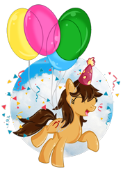 Size: 1080x1528 | Tagged: safe, artist:aletheiiadoodles, oc, oc only, oc:maría teresa de los ponyos paguetti, earth pony, balloon, hat, party hat, simple background, solo, transparent background, ya es hora
