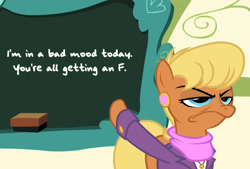 Size: 880x595 | Tagged: safe, edit, edited screencap, screencap, ms. harshwhinny, earth pony, pony, flight to the finish, chalkboard, clothes, f, female, frown, grumpy, mare, pointing, solo