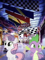 Size: 642x851 | Tagged: safe, editor:undeadponysoldier, spike, sweetie belle, dragon, pony, unicorn, adorable face, advertisement, coca-cola, concord mills mall, cute, date, dragons in real life, excited, female, filly, happy, irl, male, mall, nascar, photo, ponies in real life, shipping, spikebelle, straight
