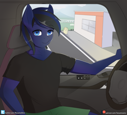 Size: 2364x2136 | Tagged: safe, artist:hevityaus, oc, oc only, oc:kojach limeryn, anthro, anthro oc, looking at you, male, patreon, patreon logo, smiling, solo, stallion, truck