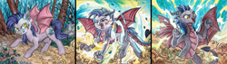 Size: 3846x1092 | Tagged: safe, artist:red-watercolor, oc, oc only, oc:dawn sentry, bat pony, dragon, hybrid, pony, bat wings, blood, claws, cloud, dragon tail, dragon wings, dragonified, fangs, female, forest, growling, horns, mare, screaming, solo, species swap, tail, transformation, wings