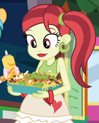 Size: 657x817 | Tagged: safe, screencap, rose heart, better together, equestria girls, five lines you need to stand in, bracelet, chips, cropped, ear piercing, earring, food, jewelry, nachos, piercing, ponytail