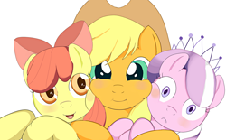 Size: 1200x743 | Tagged: safe, artist:yellow-kantera, apple bloom, applejack, diamond tiara, earth pony, pony, hug, simple background, white background