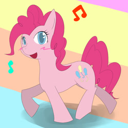 Size: 600x600 | Tagged: safe, artist:galdyearth, derpibooru import, pinkie pie, earth pony, pony, blushing, cute, diapinkes, music notes, open mouth, pixiv, smiling pinkie pie tolts left, solo