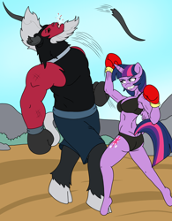 Size: 1250x1600 | Tagged: safe, artist:linedraweer, lord tirek, twilight sparkle, twilight sparkle (alicorn), alicorn, anthro, unguligrade anthro, fighting is magic, beard, belly punch, blood, boxing, boxing gloves, bra, broken horn, broken teeth, clothes, comic, commission, facial hair, female, fight, horn, horns, male, mare, muscles, punch, size difference, spitting, sports, twilight vs tirek, underwear, uppercut, wings