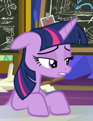 Size: 590x768 | Tagged: safe, screencap, twilight sparkle, twilight sparkle (alicorn), alicorn, sparkle's seven, cropped, floppy ears, lidded eyes, sad, solo