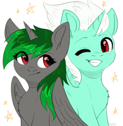 Size: 647x663 | Tagged: safe, oc, oc only, oc:darknightprincess, oc:legend, alicorn, unicorn, friends, gray coat, green mane, red eyes, stars, white mane