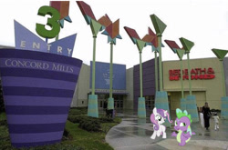Size: 641x423 | Tagged: safe, editor:undeadponysoldier, spike, sweetie belle, dragon, human, pony, unicorn, bedeath & beyond, concord mills mall, dragons in real life, female, filly, irl, irl human, male, mall, photo, ponies in real life, rain, shipping, spike is not amused, spikebelle, straight, unamused, wet, wet mane