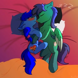 Size: 2000x2000 | Tagged: safe, artist:aurorafang, oc, oc:aqua jo, oc:magnifying glass, earth pony, pegasus, pony, bed, blushing, bow, bracelet, colt, cuddling, female, filly, floppy ears, holding each other, jewelry, licking, male, oc x oc, pillow, shipping, sleeping, snuggling, spread wings, tongue out, wings, ych result