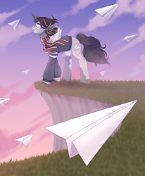 Size: 3299x4000 | Tagged: safe, artist:djkaskan, pony, clothes, paper plane, scarf, singing, sunset