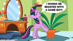 Size: 1200x668 | Tagged: safe, edit, edited screencap, screencap, twilight sparkle, green isn't your color, angry video game nerd, exploitable meme, game boy, meme, potted plant, secret pot meme, solo, yelling