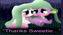 Size: 1280x720 | Tagged: safe, artist:dr-siren, spike, sweetie belle, dragon, blushing, comic, cropped, crying, cute, female, lowres, male, needs more jpeg, quotation marks, rain, shipping, sitting, spikebelle, spikelove, straight