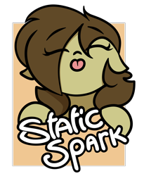 Size: 3000x3666 | Tagged: safe, artist:biepbot, oc, oc only, oc:static spark, pony, :p, badge, cute, eyes closed, solo, tongue out