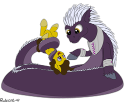 Size: 1478x1200 | Tagged: safe, artist:rubiont, oc, oc:praetura amethyst, oc:terra, lamia, original species, pony, coils, cute, gay, holding a pony, male, simple background, size difference, squish, subterranean pony, tail, tail wrap, transformation, transparent background, upside down