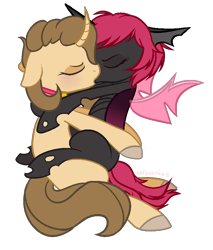 Size: 737x865 | Tagged: safe, artist:unichan, oc, oc only, oc:coffee bean, changeling, unicorn, female, hug, kissing, lesbian, pink changeling, simple background, transparent background, wings