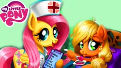 Size: 1280x720 | Tagged: safe, derpibooru import, applejack, fluttershy, earth pony, pegasus, pony, applejack stomach care, nurse