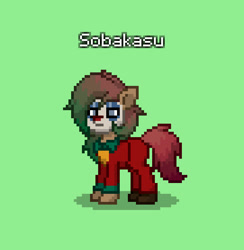 Size: 542x556 | Tagged: safe, artist:modocrisma, oc, oc only, oc:sobakasu, earth pony, pony, clothes, clown makeup, coat, costume, face paint, green background, halloween, halloween costume, holiday, joker (2019), male, pants, pony town, ponysona, screenshots, shoes, simple background, solo, teenager, text, the joker