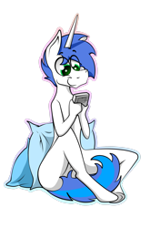 Size: 1600x2430 | Tagged: safe, artist:bumskuchen, oc, oc:shifting gear, anthro, unicorn, casual nudity, game boy, happy, nudity, pillow, simple background, smiling, solo, transparent background