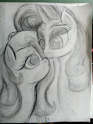 Size: 3120x4160 | Tagged: safe, artist:riskypony, fluttershy, rarity, pegasus, pony, unicorn, female, flarity, imminent kissing, lesbian, shipping, traditional art