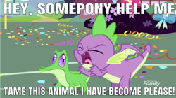 Size: 640x358 | Tagged: safe, edit, edited screencap, editor:undeadponysoldier, screencap, gummy, spike, alligator, dragon, yakity-sax, animal, animal i have become, caption, confetti, discovery family logo, impact font, male, song reference, three days grace, winged spike