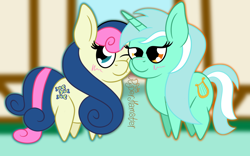 Size: 2222x1385 | Tagged: safe, artist:puperhamster, bon bon, lyra heartstrings, sweetie drops, pony, blushing, female, lesbian, lyrabon, shipping, simple background