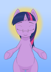 Size: 1754x2480 | Tagged: safe, artist:mediocre, twilight sparkle, unicorn twilight, unicorn, eyes closed, open arms, simple background, solo, standing