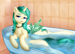 Size: 3200x2300 | Tagged: safe, artist:pabelka-belka, oc, oc only, oc:spring starflower, lizard, pony, unicorn, bath, bathtub, choker, claw foot bathtub, cute, female, mare, solo, trans girl, transgender, water, wet