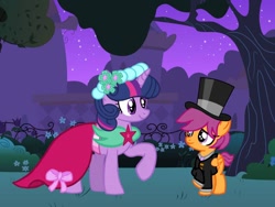 Size: 1024x768 | Tagged: safe, artist:turnaboutart, scootaloo, scooteroll, twilight sparkle, unicorn twilight, pegasus, pony, unicorn, fanfic:twilight and skaterloo: mother and son, a canterlot wedding, adopted offspring, base used, bridesmaid dress, canterlot gardens, clothes, colt, dress, female, hat, male, mama twilight, mare, marriage, mother and child, mother and son, parent and child, raised hoof, rule 63, suit, top hat, tuxedo, wedding