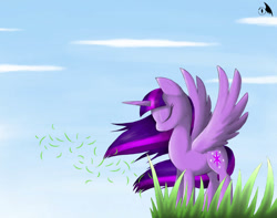 Size: 1006x794 | Tagged: safe, artist:wings-dragon, twilight sparkle, twilight sparkle (alicorn), alicorn, pony, cloud, eyes closed, female, grass, mare, profile, sky, solo, spread wings, windswept mane, wings