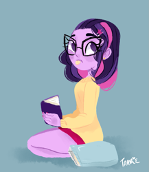 Size: 947x1091 | Tagged: safe, artist:endarie, sci-twi, twilight sparkle, equestria girls, alternate hairstyle, book, cutie mark hair accessory, eating, food, glasses, lineless, looking at something, simple background, solo