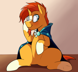 Size: 1280x1173 | Tagged: safe, artist:pillowsword, sunburst, pony, unicorn, blushing, clothes, cute, featureless crotch, glasses, male, robe, sitting, smiling, solo, stallion, sunbetes