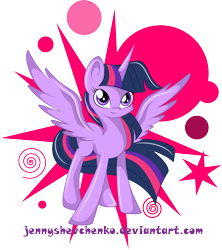 Size: 3426x3856 | Tagged: safe, artist:jennyshevchenko, twilight sparkle, twilight sparkle (alicorn), alicorn, pony, abstract background, cutie mark, female, mare, solo, spread wings, wings