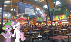 Size: 640x384 | Tagged: safe, artist:hoodie-stalker, editor:undeadponysoldier, spike, sweetie belle, dragon, human, pony, semi-anthro, unicorn, american flag, bipedal, burger king, carousel, chair, concord mills mall, dragons in real life, female, food court, hoof on hip, irl, irl human, male, mall, mare, older, older spike, older sweetie belle, photo, pointing, ponies in real life, popeyes, shipping, sign, spikebelle, straight, table