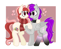 Size: 3000x2423 | Tagged: safe, artist:redpalette, oc, oc only, oc:cotton rose, oc:red palette, pegasus, pony, unicorn, clothes, cute, dancing, female, lesbian, mare, scarf, socks